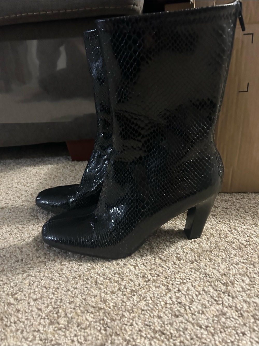 Zara Black Patent Faux-Snakeskin Mid-Calf Heel Boots